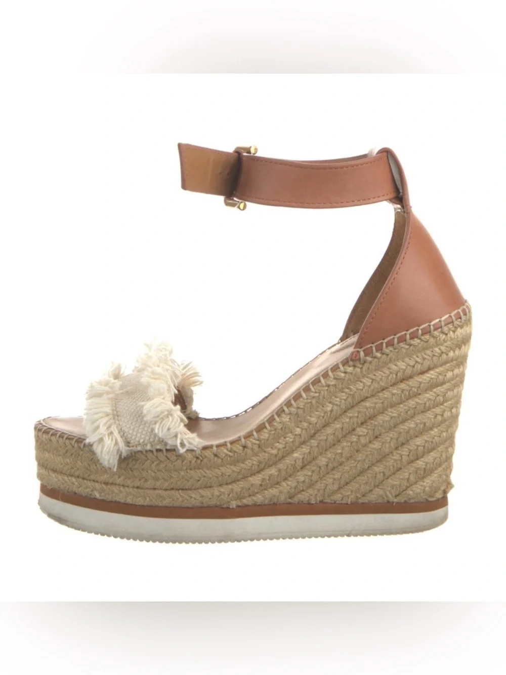 See By Chloe Glyn Wedge Espadrille Ankle-Strap Sandal in Tan and Cream